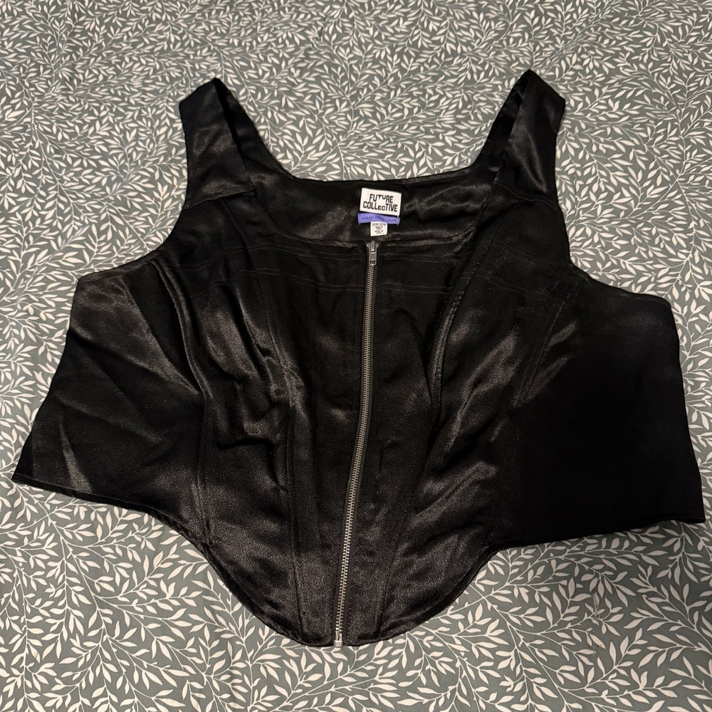 Future Collective Corset Top Womens 2X 3X Black Satin Front Zip Bustier Plus 20W
